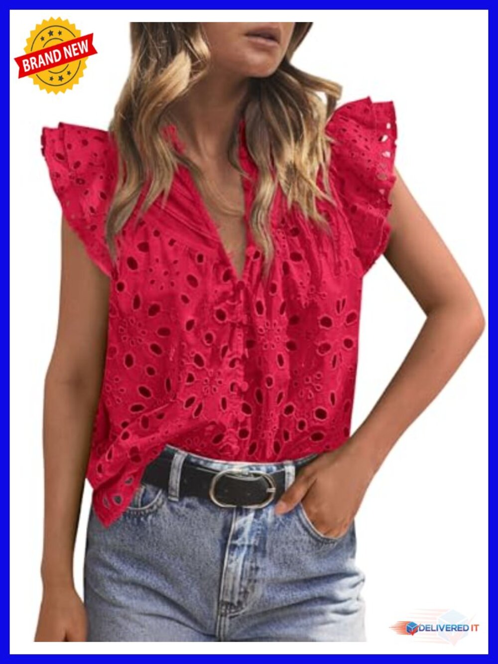Eyelet V-Neck Blouse with Flutter Sleeves and Ruffle Cuffs
